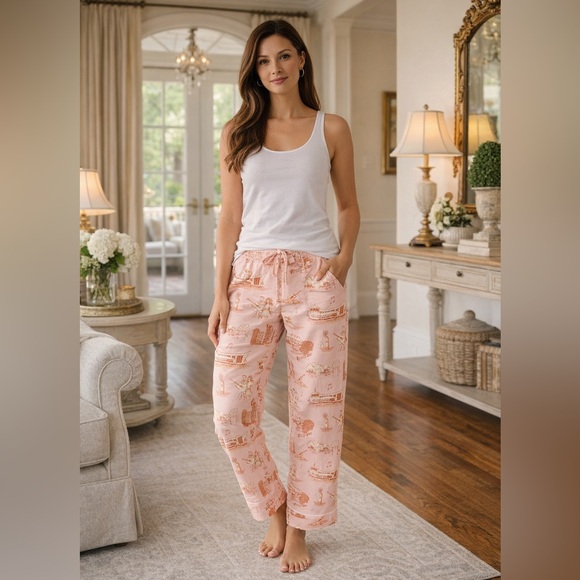 NEW Katie Kime Nashville Toile Pink Orange Pajama Pant Size Large - Picture 2 of 6